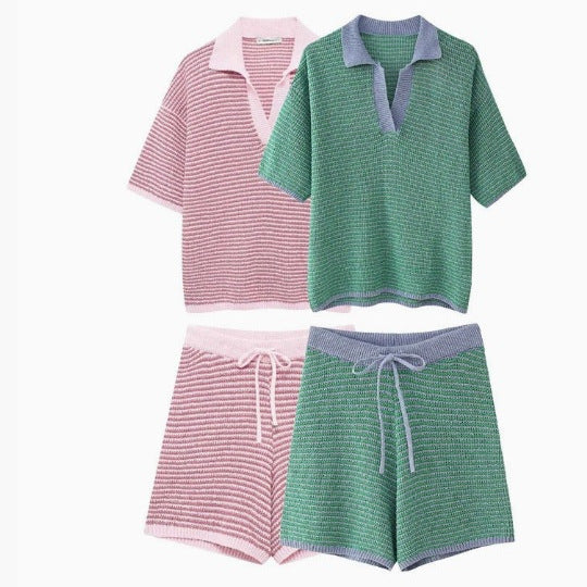 Women’s Green and White Knit Shorts Set with Oversized V-Neck Polo Top 6
