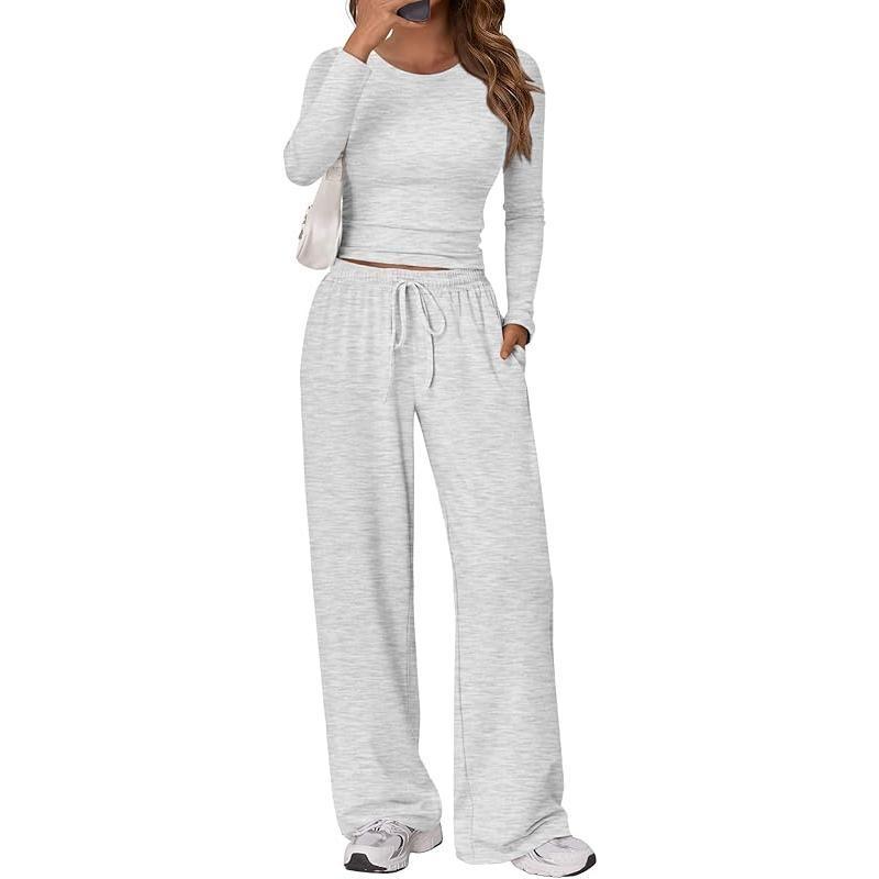 Women’s Casual Co-Ord Set with Crop Top and Elastic Waist Wide-Leg Trousers