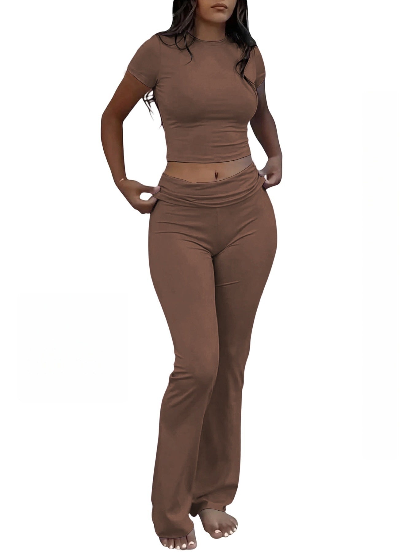 Women’s Two-Piece Set with Short-Sleeve Fitted Crop Top 12