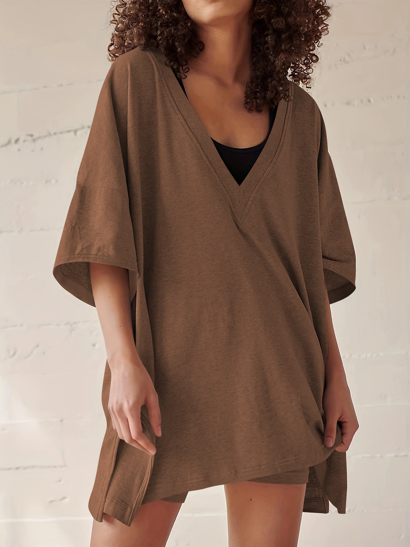 Women’s Apricot Lounge Set with Loose V-Neck T-Shirt and Matching Shorts 27