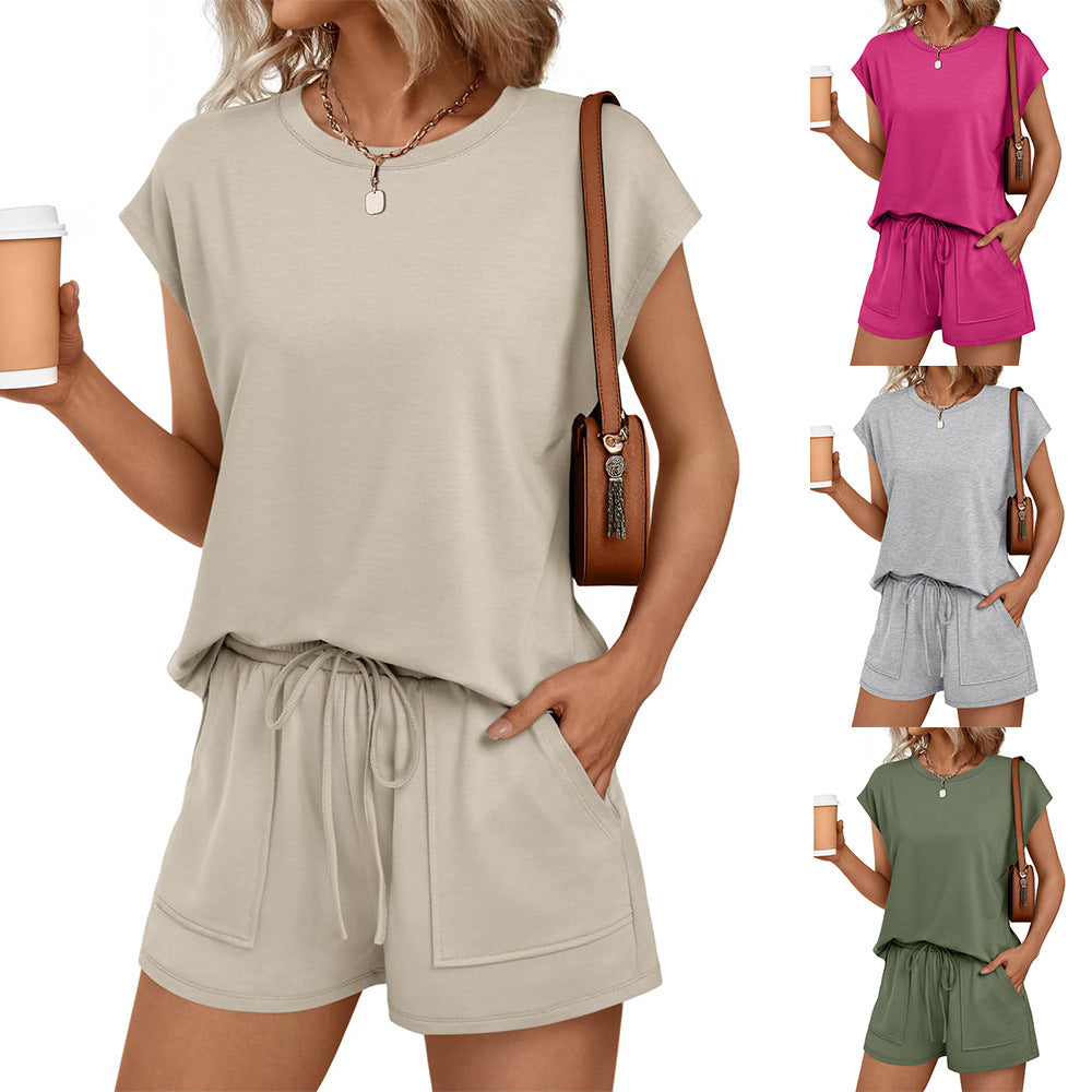 Women’s Apricot Two-Piece Lounge Set with Short-Sleeve Crew Neck Top