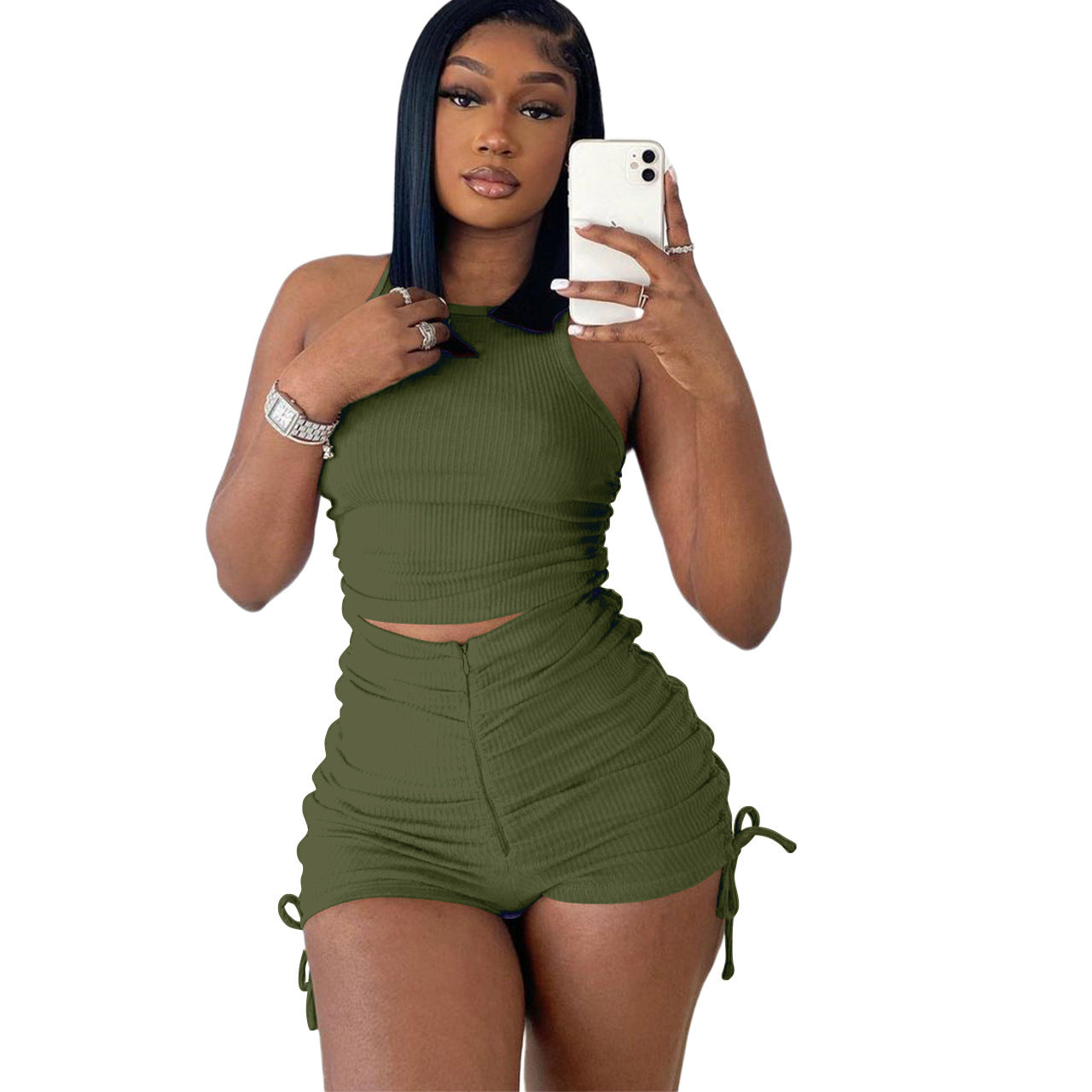 Brown Textured Two-Piece Outfit with Sleeveless Crop Top 13