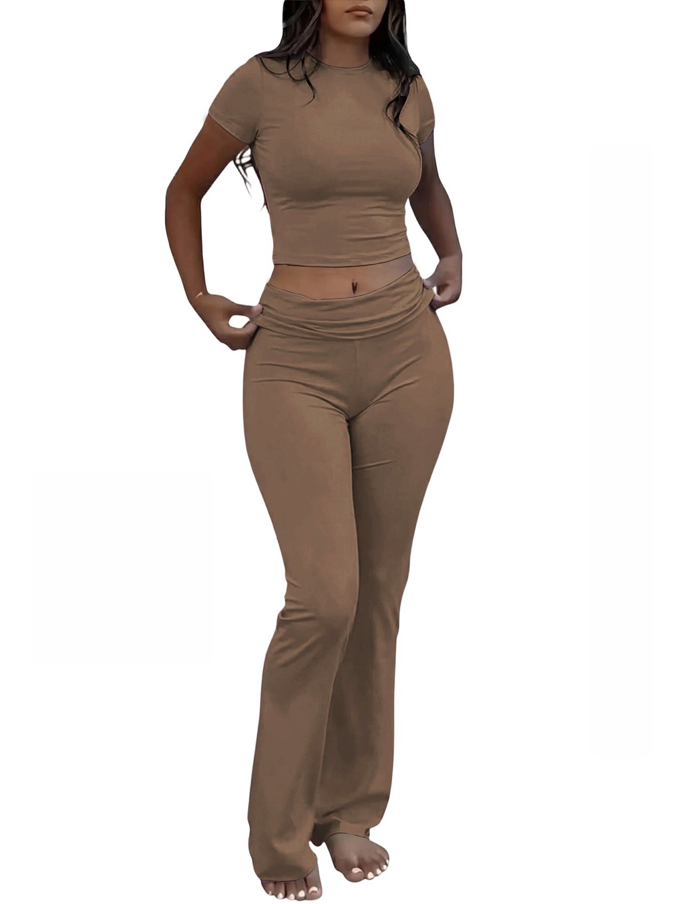 Women’s Two-Piece Set with Short-Sleeve Fitted Crop Top 11