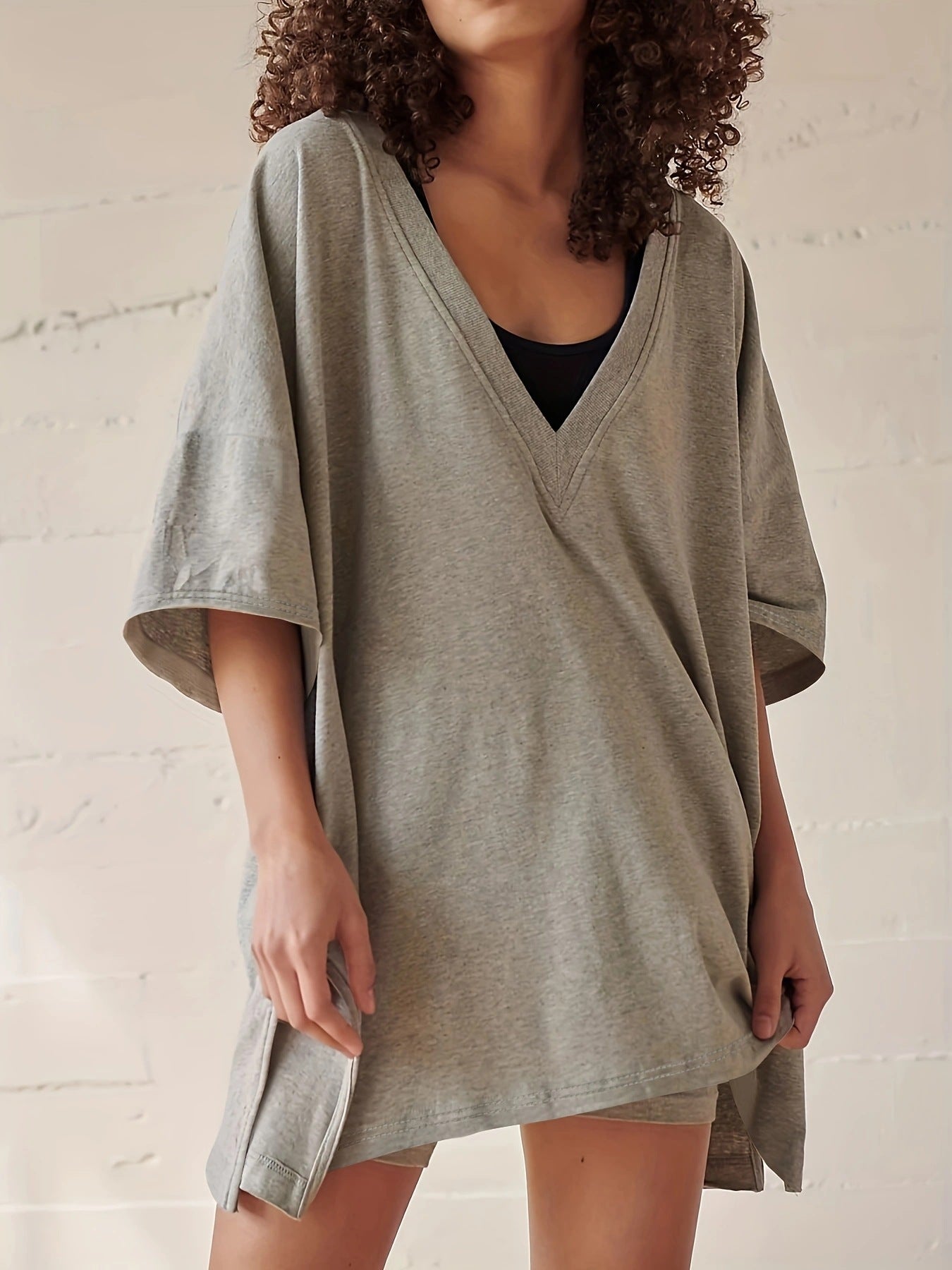 Women’s Apricot Lounge Set with Loose V-Neck T-Shirt and Matching Shorts 23