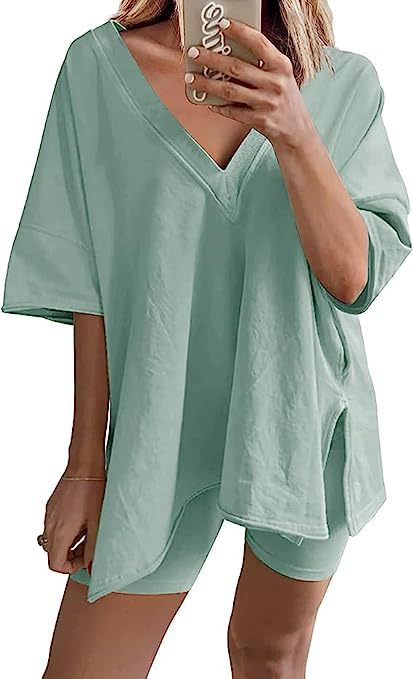 Women’s Apricot Lounge Set with Loose V-Neck T-Shirt and Matching Shorts 18
