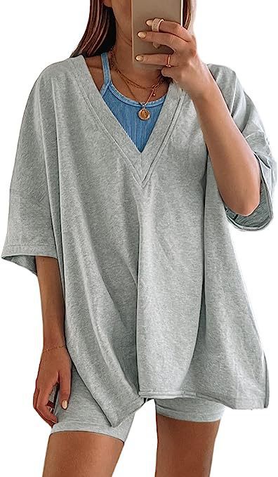 Women’s Apricot Lounge Set with Loose V-Neck T-Shirt and Matching Shorts 5