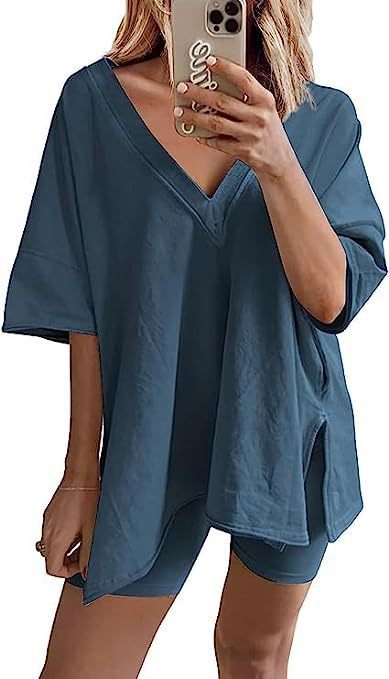 Women’s Apricot Lounge Set with Loose V-Neck T-Shirt and Matching Shorts 8