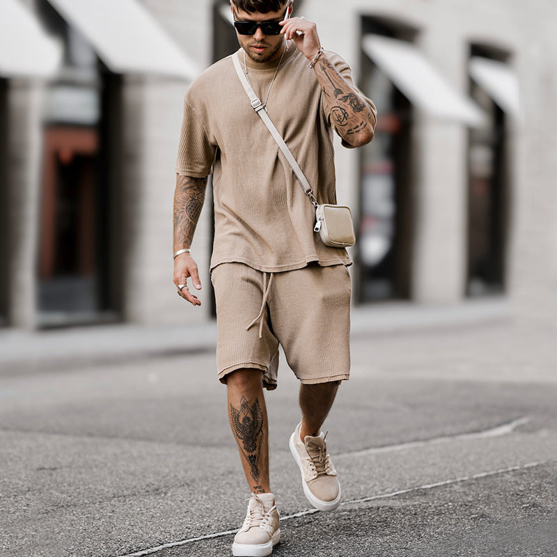 Men’s Beige Ribbed Short Sleeve T-Shirt and Drawstring Shorts Set 4