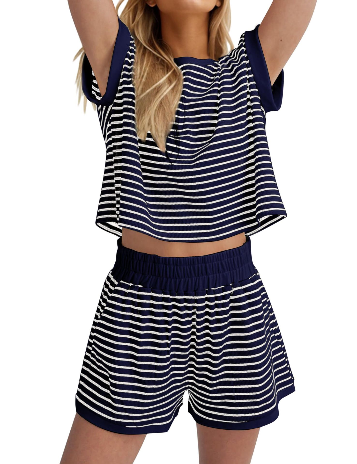 Women’s Striped Lounge Set with Loose Short-Sleeve Top Shorts 7