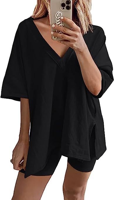 Women’s Apricot Lounge Set with Loose V-Neck T-Shirt and Matching Shorts 13