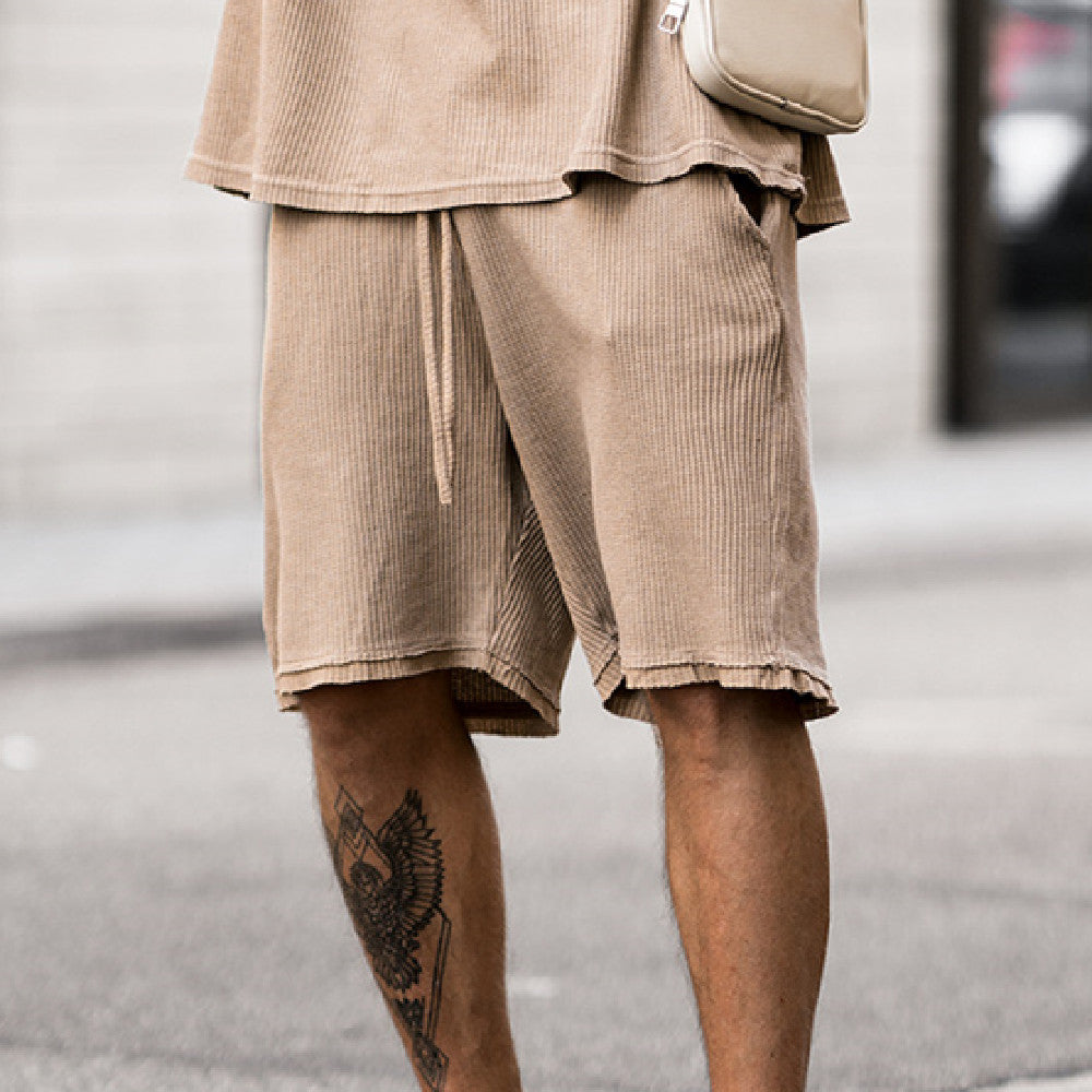 Men’s Beige Ribbed Short Sleeve T-Shirt and Drawstring Shorts Set