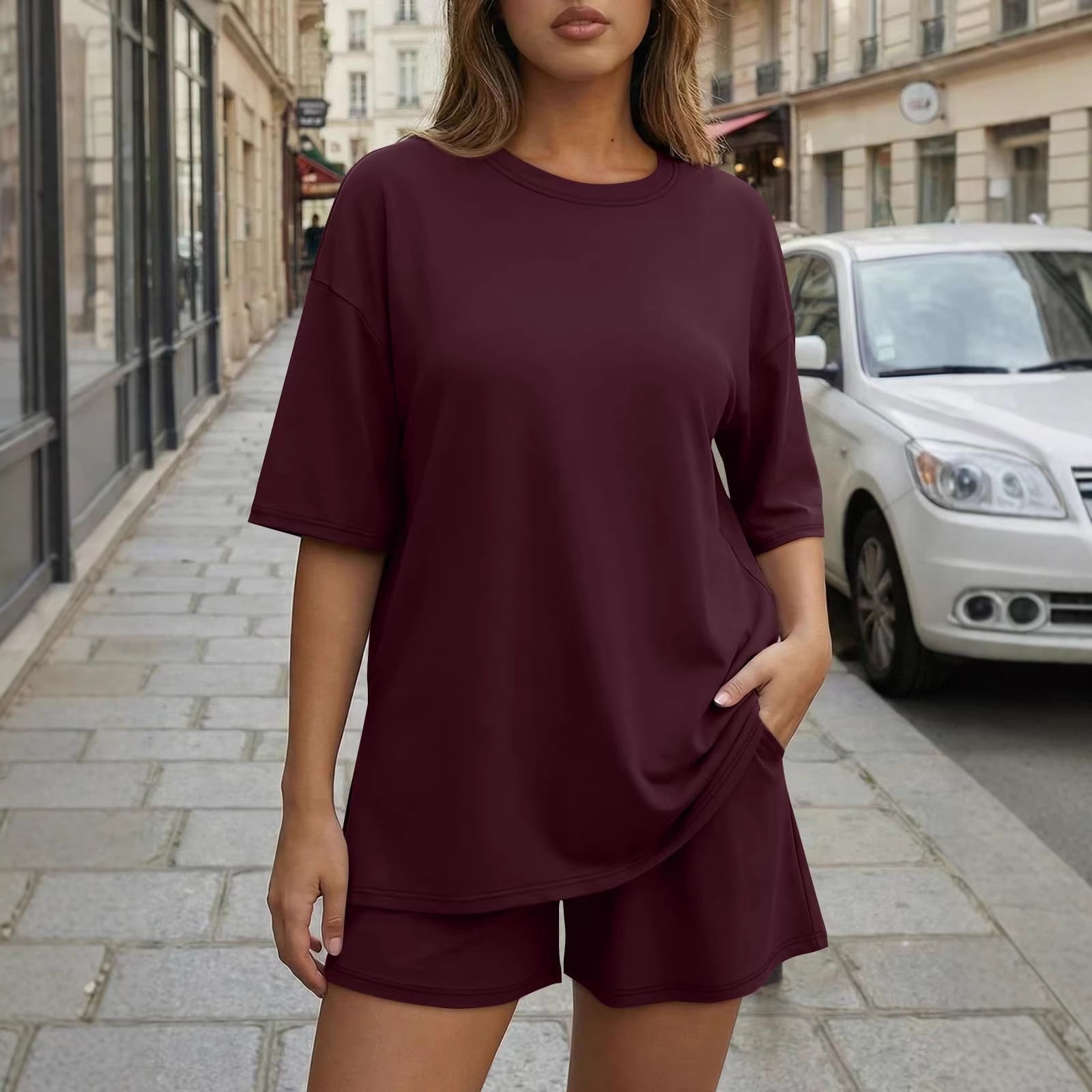 Women’s Olive Two-Piece Lounge Set with Oversized Short-Sleeve T-Shirt 4