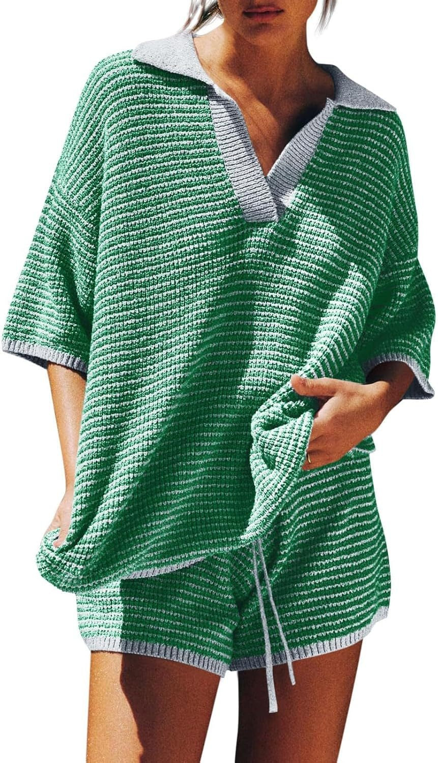 Women’s Green and White Knit Shorts Set with Oversized V-Neck Polo Top