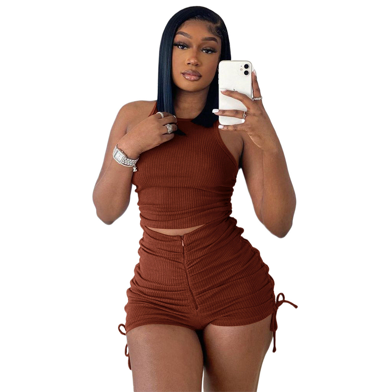 Brown Textured Two-Piece Outfit with Sleeveless Crop Top 9