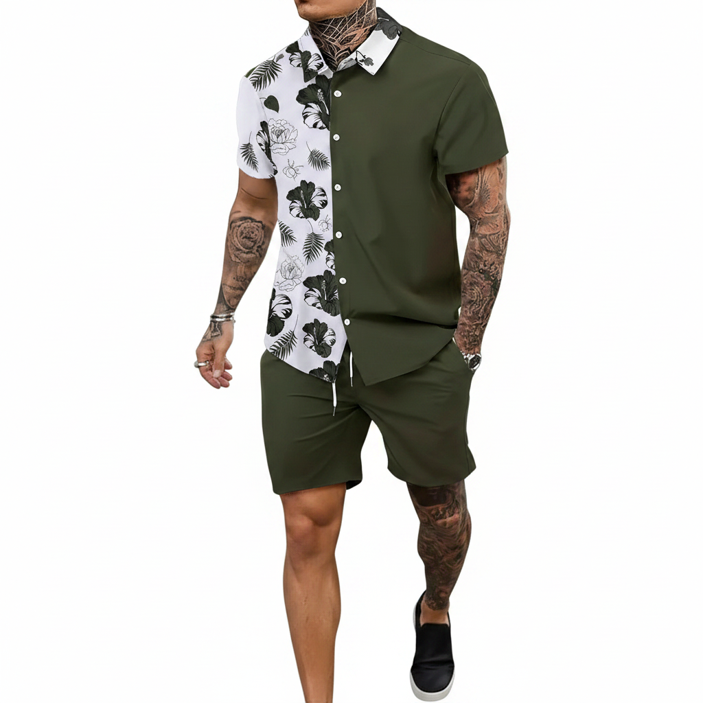 Men’s Sleeve Hawaiian Shirt with Black Palm Tree Print and Shorts Set 53