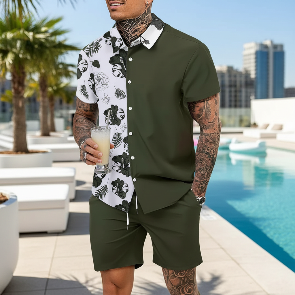 Men’s Sleeve Hawaiian Shirt with Black Palm Tree Print and Shorts Set 56