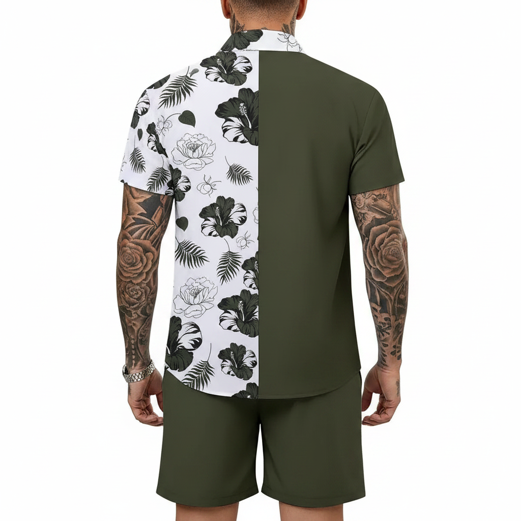 Men’s Sleeve Hawaiian Shirt with Black Palm Tree Print and Shorts Set 54