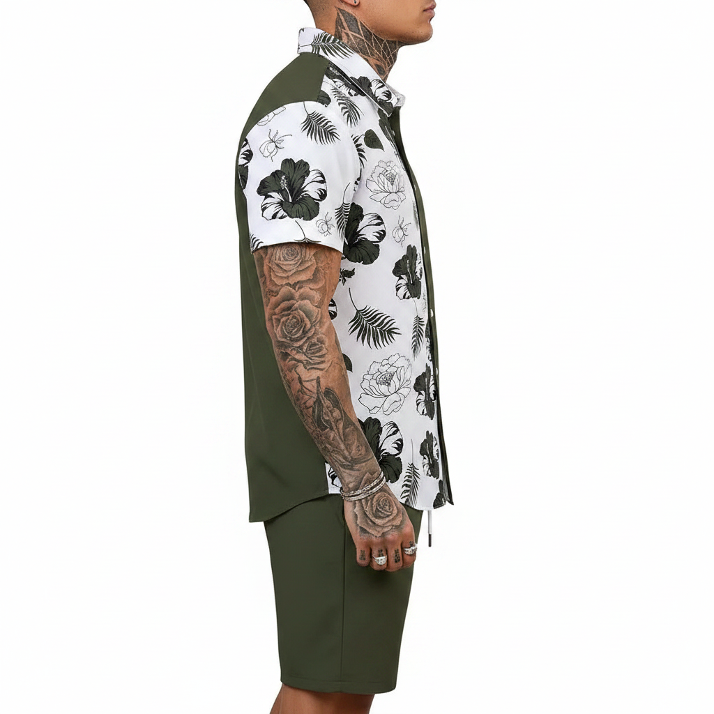 Men’s Sleeve Hawaiian Shirt with Black Palm Tree Print and Shorts Set 55