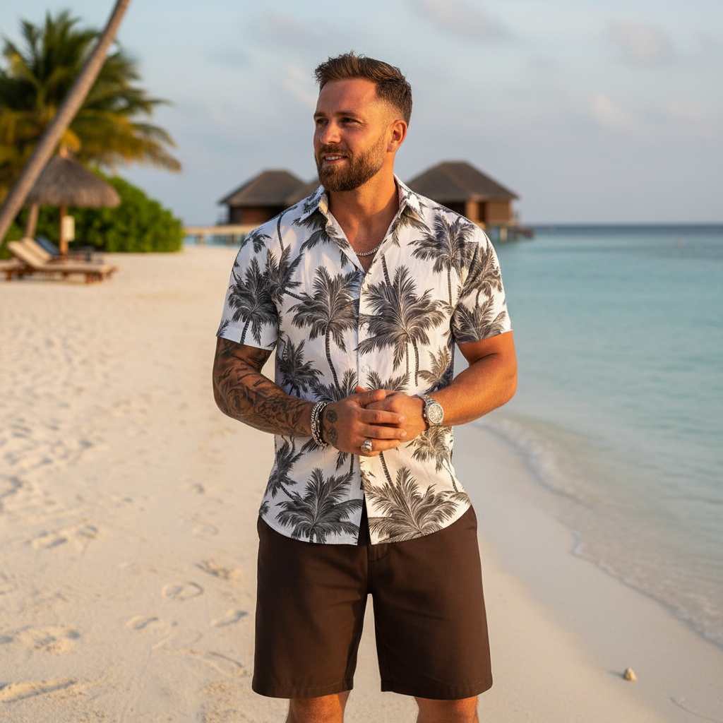 Men’s Sleeve Hawaiian Shirt with Black Palm Tree Print and Shorts Set 8