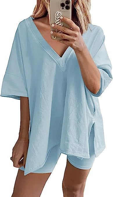 Women’s Apricot Lounge Set with Loose V-Neck T-Shirt and Matching Shorts 4