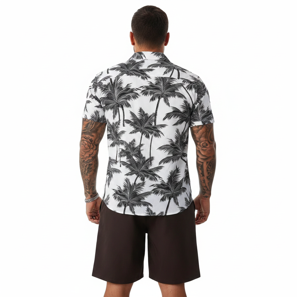 Men’s Sleeve Hawaiian Shirt with Black Palm Tree Print and Shorts Set 6