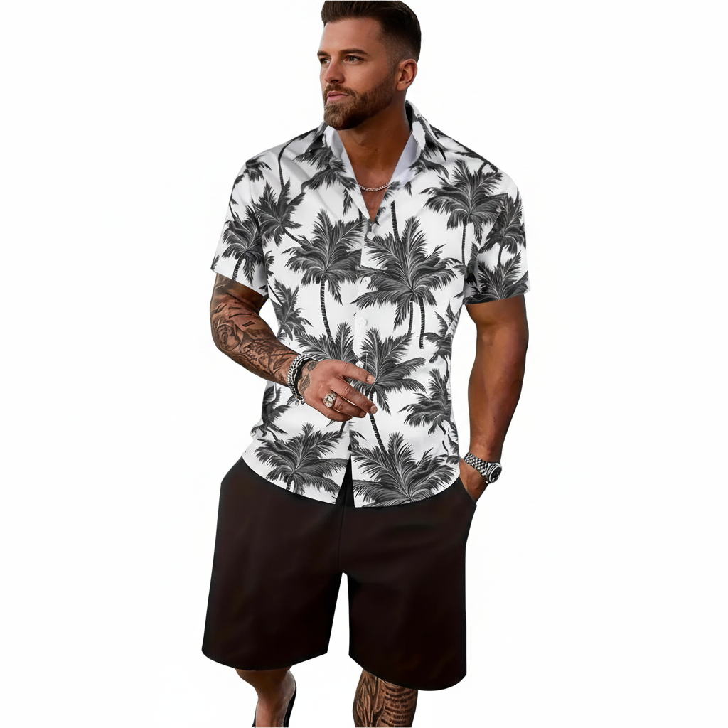 Men’s Sleeve Hawaiian Shirt with Black Palm Tree Print and Shorts Set