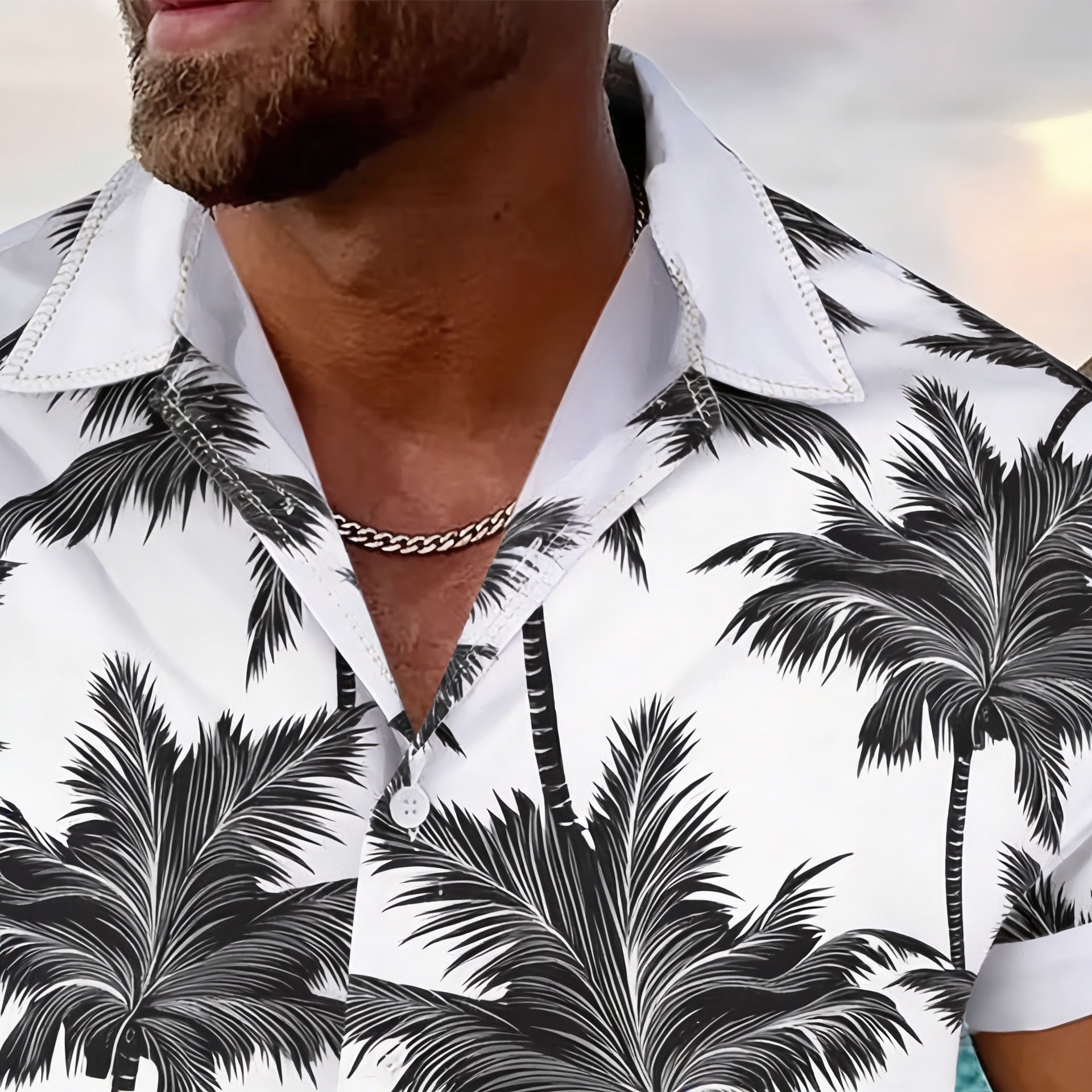 Men’s Sleeve Hawaiian Shirt with Black Palm Tree Print and Shorts Set 3