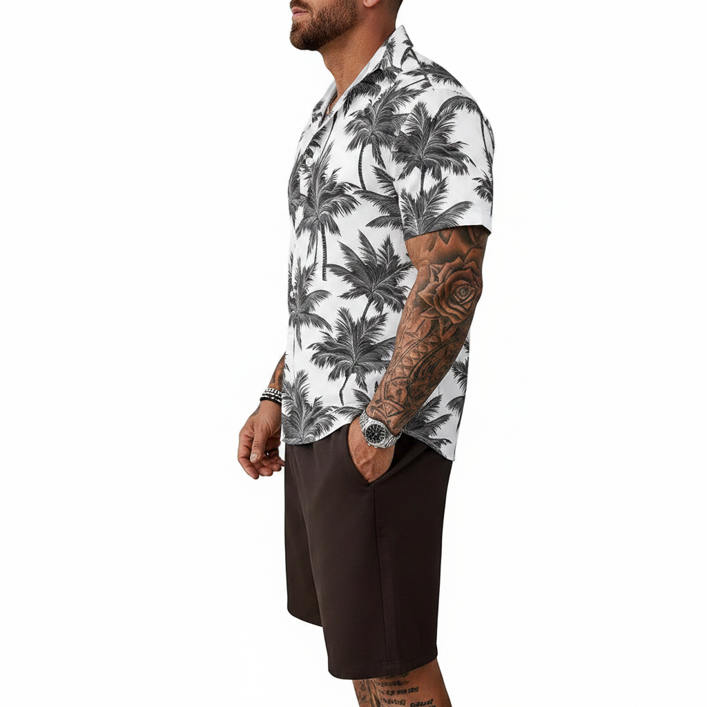 Men’s Sleeve Hawaiian Shirt with Black Palm Tree Print and Shorts Set 7