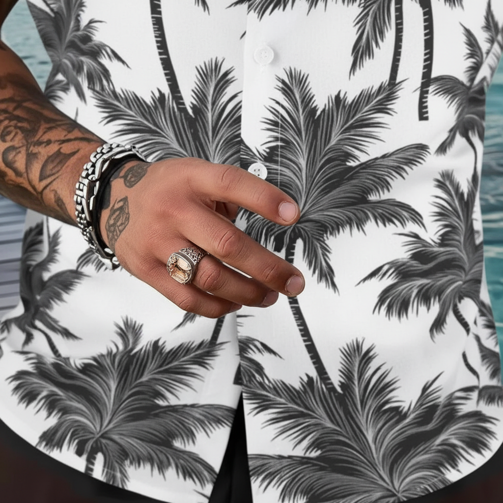 Men’s Sleeve Hawaiian Shirt with Black Palm Tree Print and Shorts Set 4