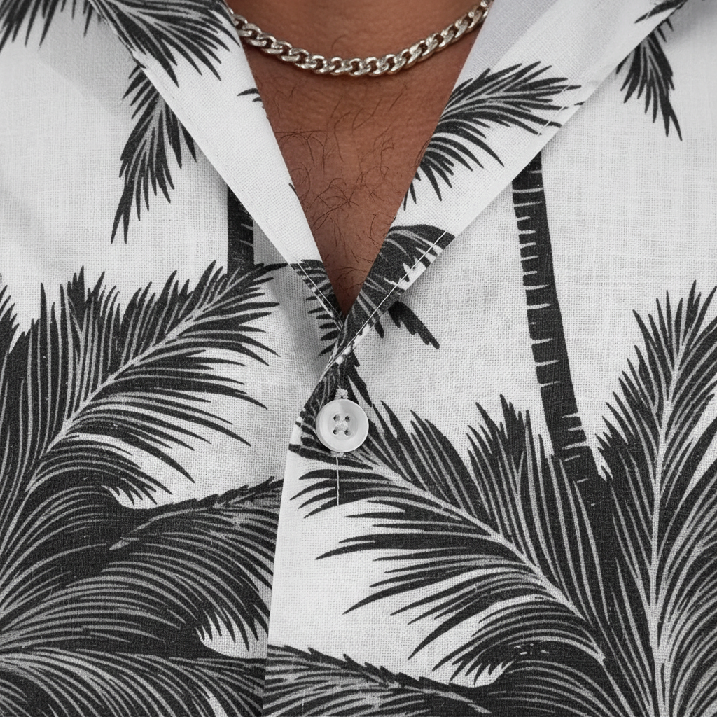 Men’s Sleeve Hawaiian Shirt with Black Palm Tree Print and Shorts Set