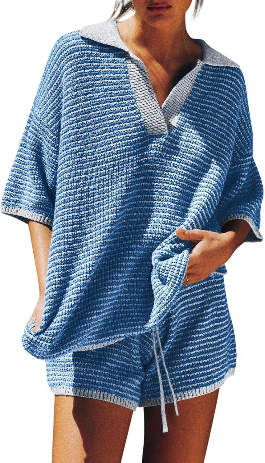 Women’s Green and White Knit Shorts Set with Oversized V-Neck Polo Top 13
