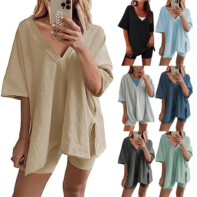 Women’s Apricot Lounge Set with Loose V-Neck T-Shirt and Matching Shorts 15