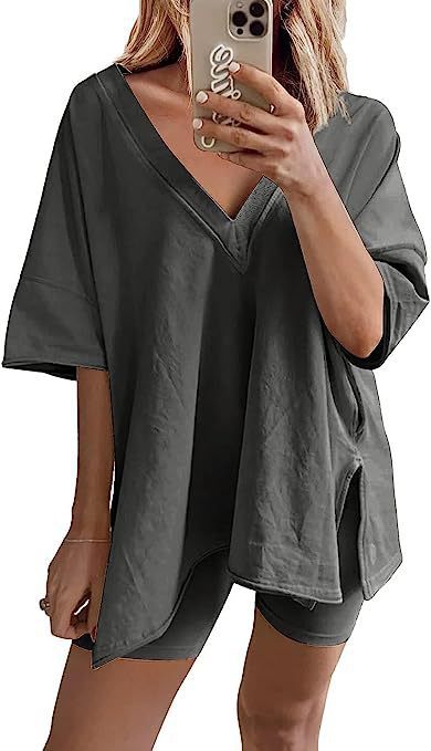 Women’s Apricot Lounge Set with Loose V-Neck T-Shirt and Matching Shorts 6