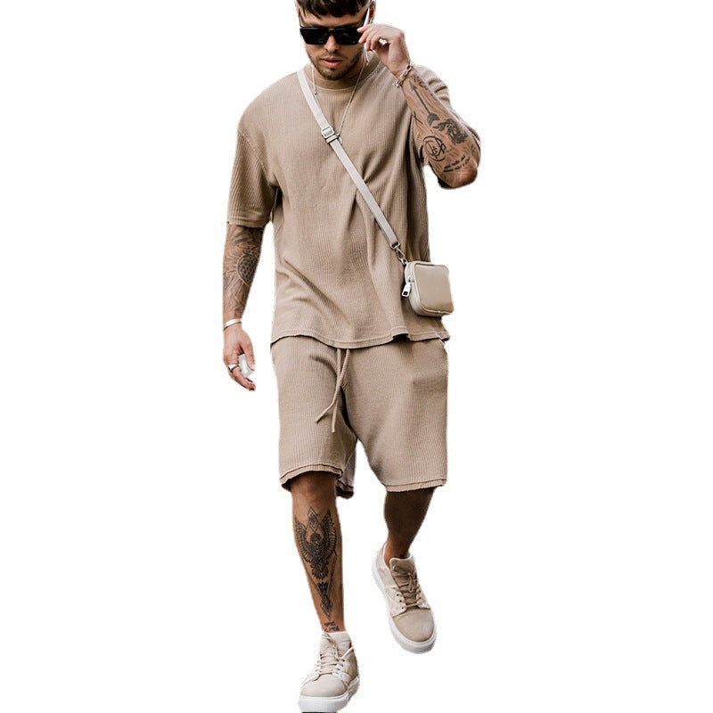 Men’s Beige Ribbed Short Sleeve T-Shirt and Drawstring Shorts Set 12