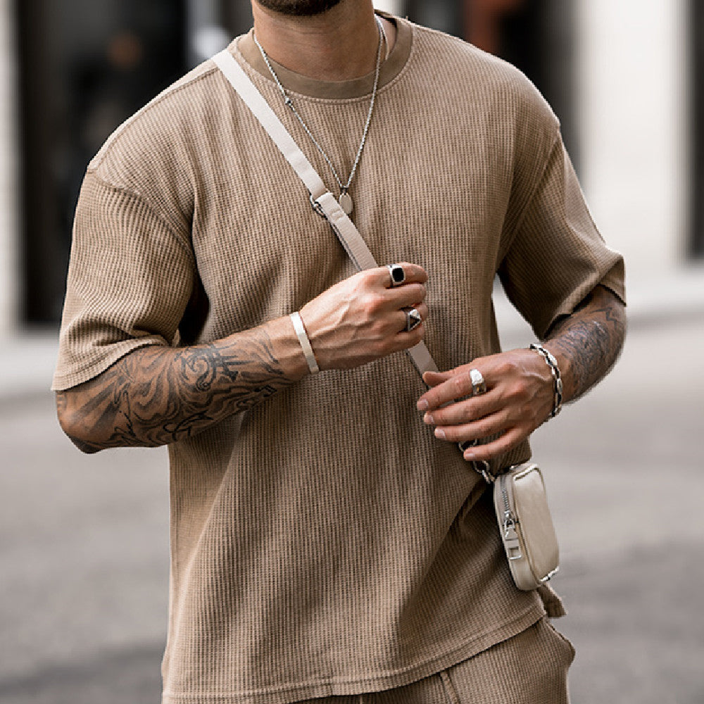 Men’s Beige Ribbed Short Sleeve T-Shirt and Drawstring Shorts Set 5