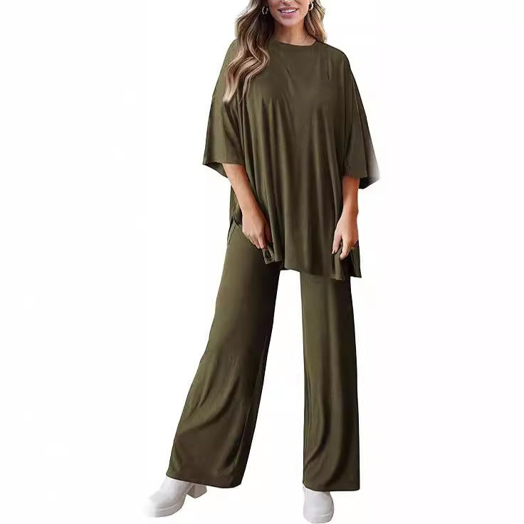 Women’s Olive Two-Piece Lounge Set with Oversized Short-Sleeve Top