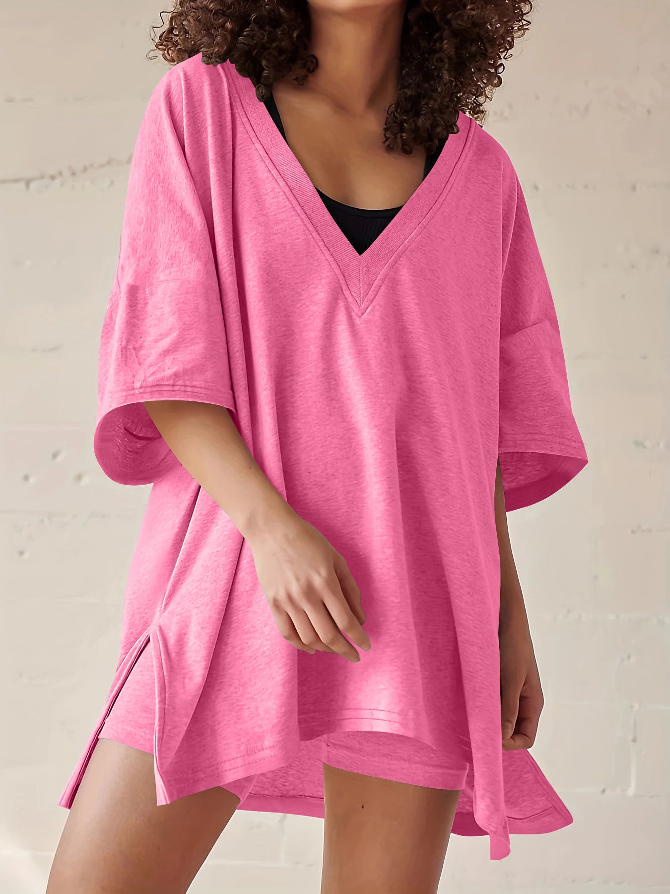 Women’s Apricot Lounge Set with Loose V-Neck T-Shirt and Matching Shorts 24