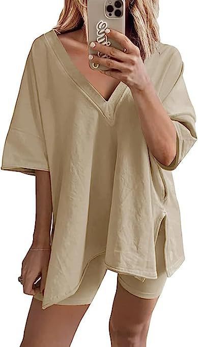 Women’s Apricot Lounge Set with Loose V-Neck T-Shirt and Matching Shorts 3