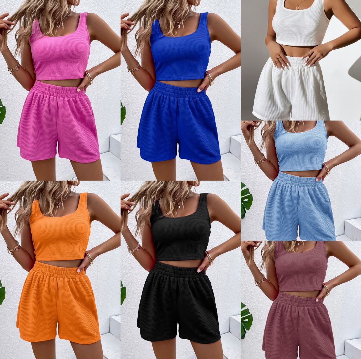 Women’s Ribbed Two-Piece Lounge Set with Sleeveless Crop Tank Top