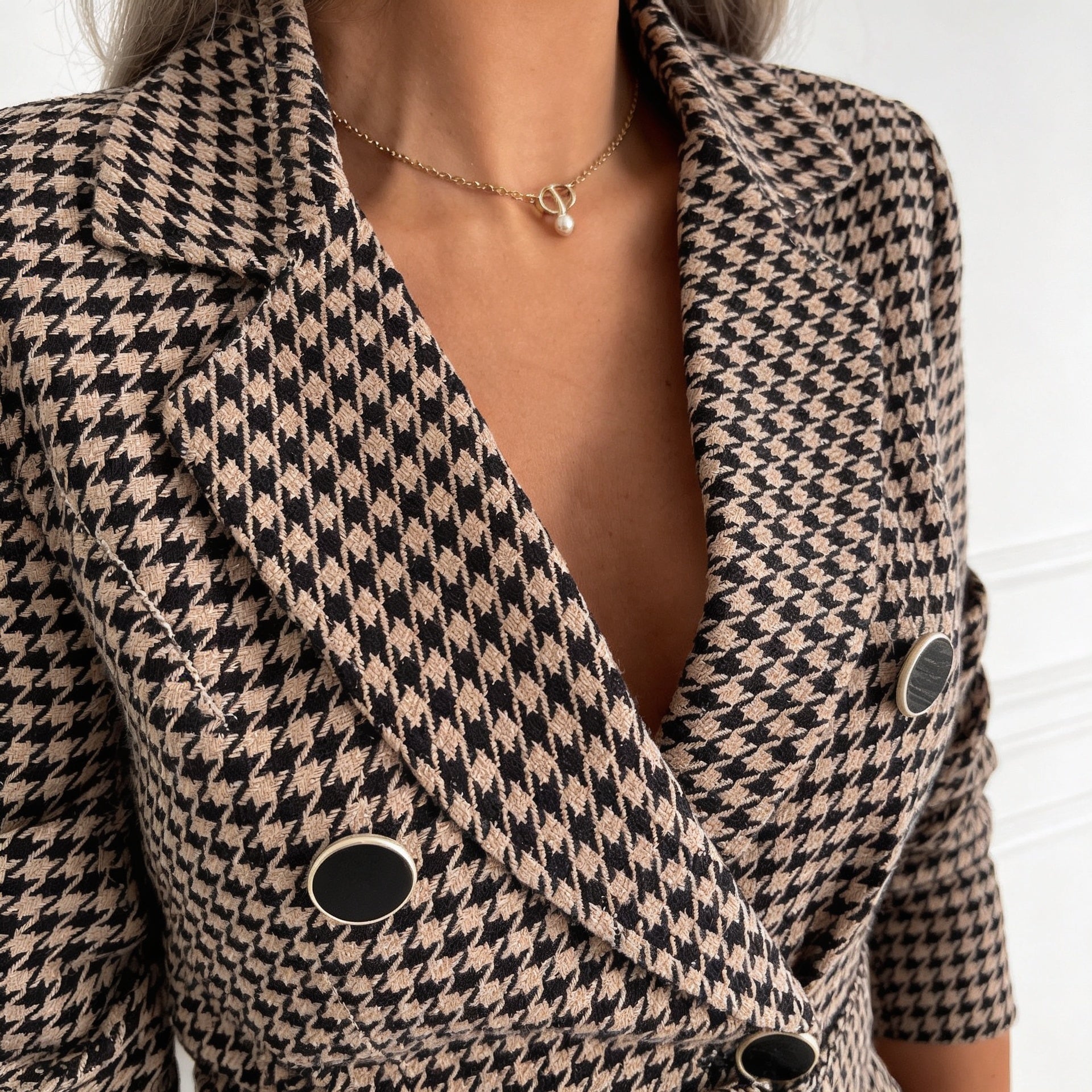 Women’s Plaid Double Breasted Blazer Mini Dress with Long Sleeves