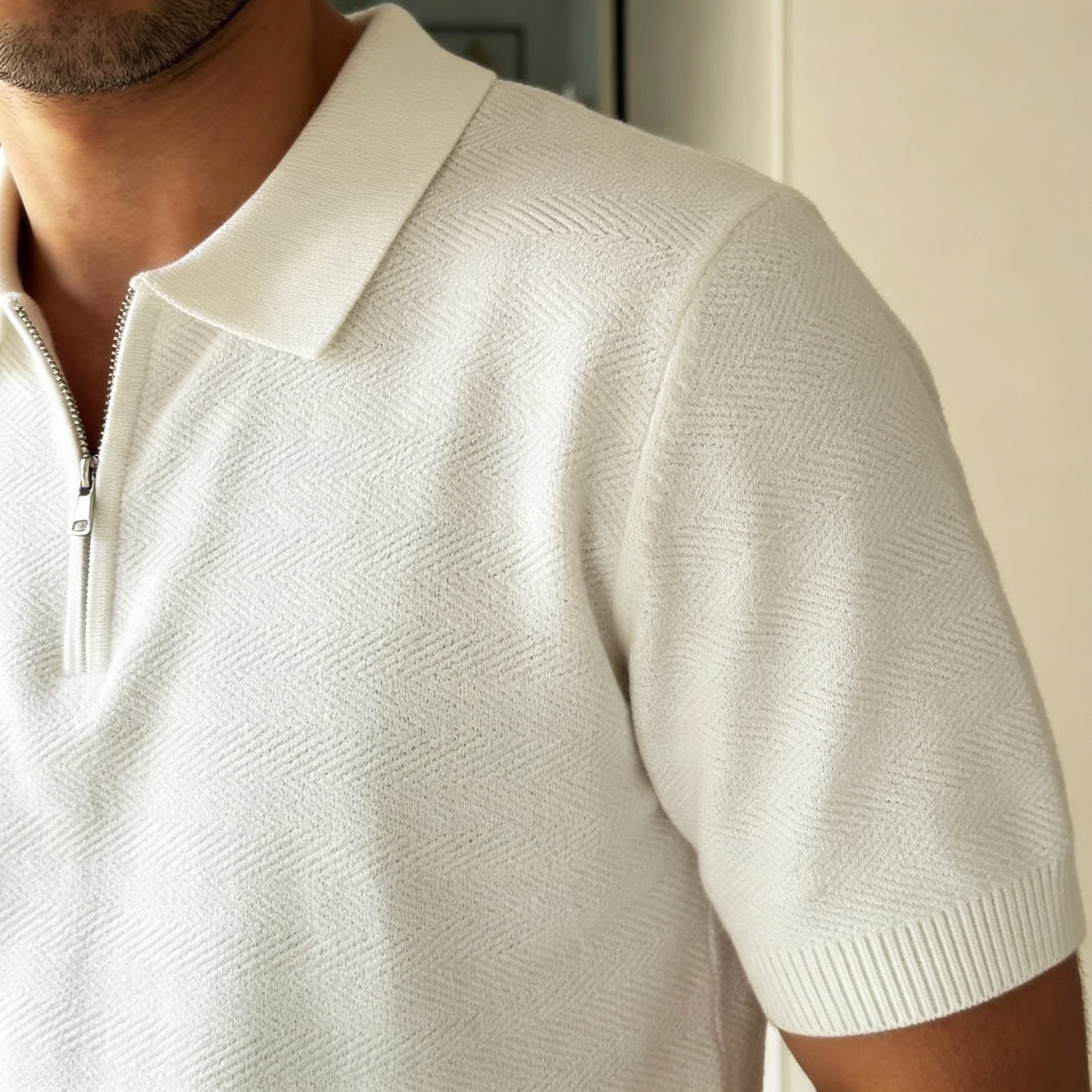 Mens Wear Textured Knitted Short-Sleeve Polo Shirt 4
