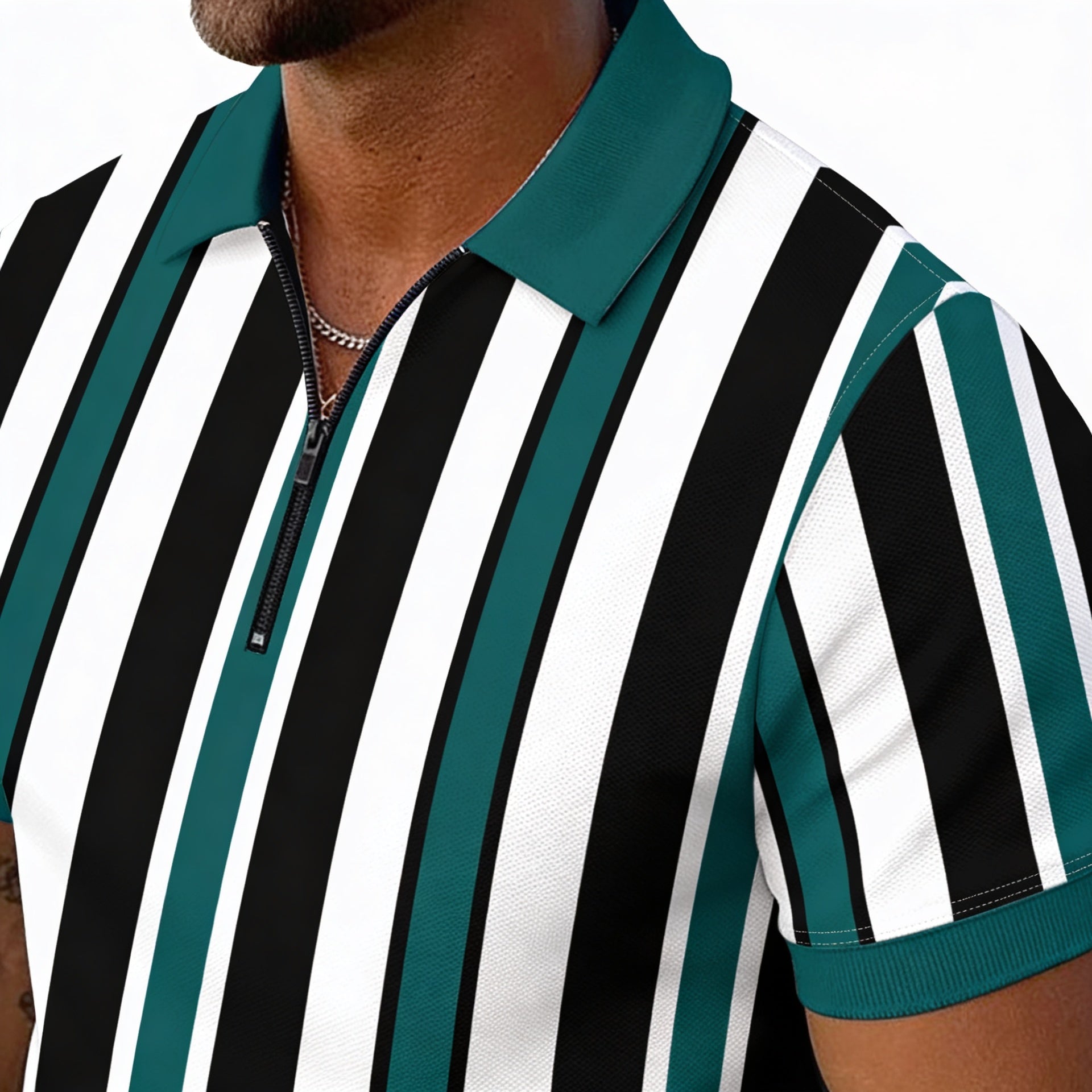 Men’s Green and Black Vertical Stripe Zip Polo Shirt and Shorts Set 8