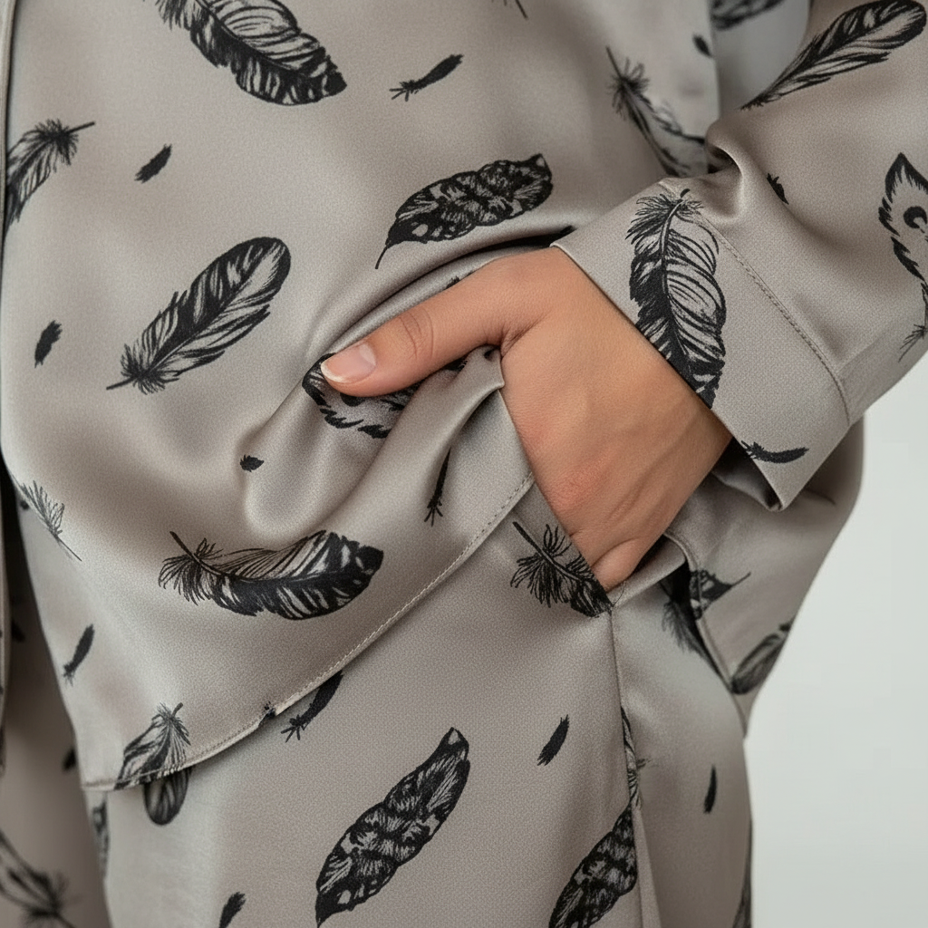 Women’s Feather Print Pajama Set with Long Sleeve Button Down Shirt