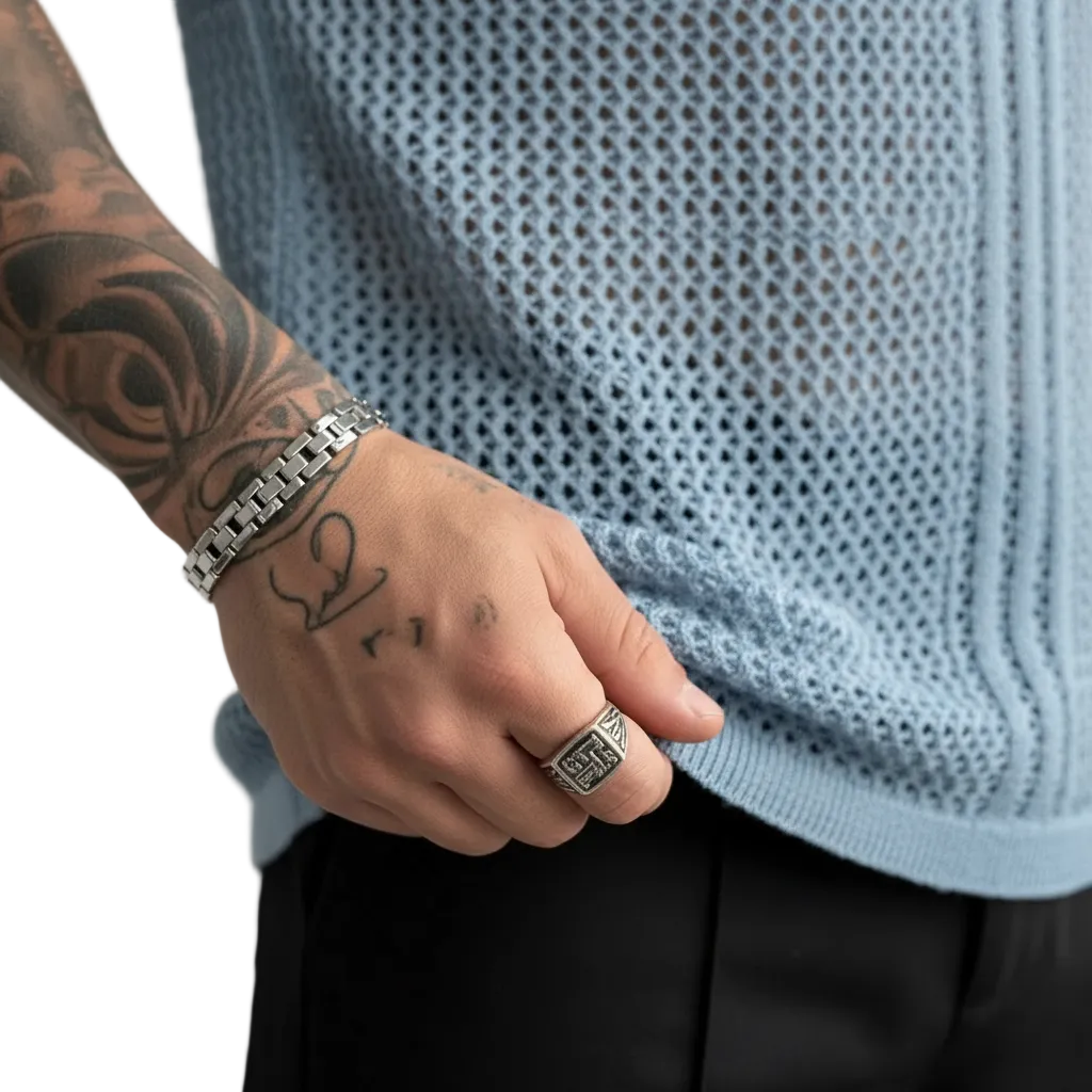 Mens Light Blue Mesh Hollow-Out Knitted Polo Shirt 2