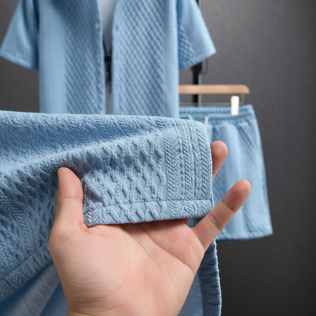 Men’s Textured Short Sleeve Button-Up Shirt with Drawstring Shorts Set in Light Blue 3