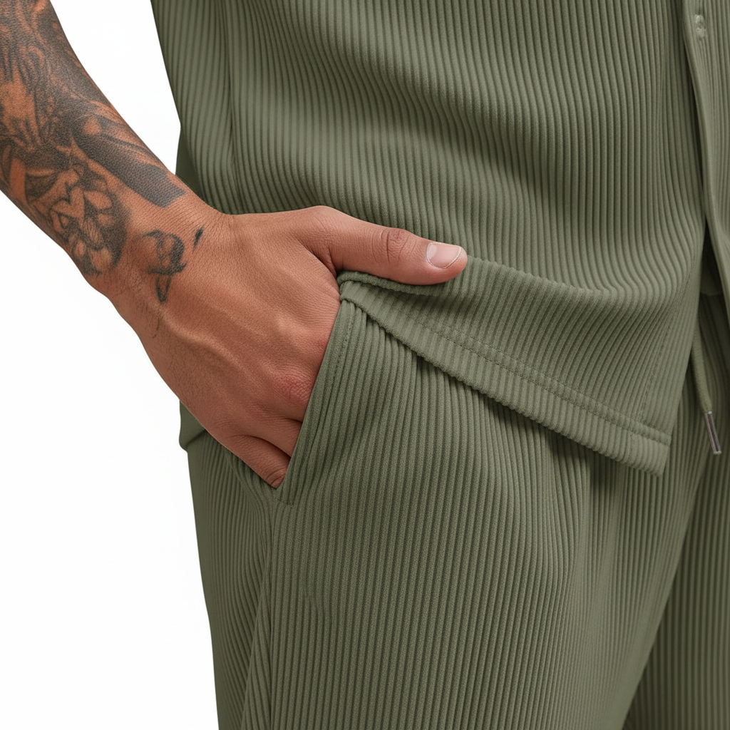 Men’s Ribbed Short Sleeve Button-Up Shirt with Full-Length Pants Set in Beige 3