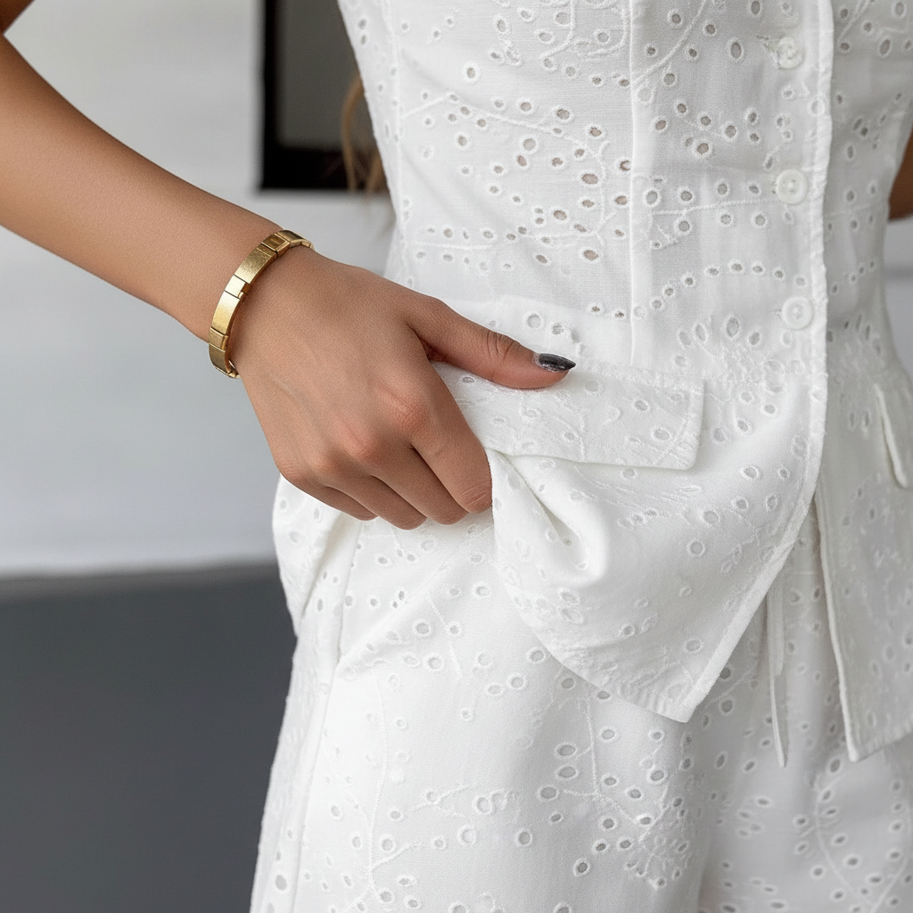 Women’s Sleeveless Eyelet Vest and Tailored Shorts Two Piece Set 6
