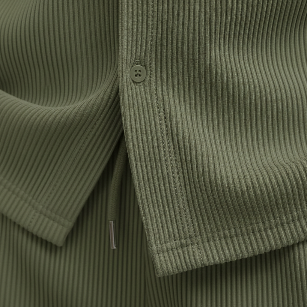 Men’s Ribbed Short Sleeve Button-Up Shirt with Full-Length Pants Set in Beige