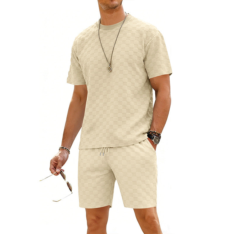 Men’s Gray Textured Checkered Short Sleeve T-Shirt and Drawstring Shorts Set