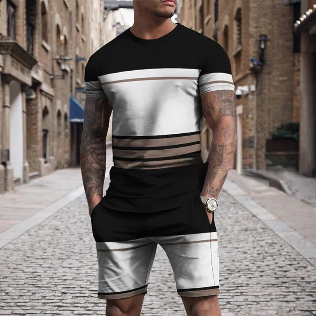 Men’s Block Short Sleeve T-Shirt and Shorts Set with Stripe Detail 7